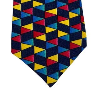 VTG Missoni Cravatte Silk Tie Geometric Triangle Print Navy Red Yellow Blue